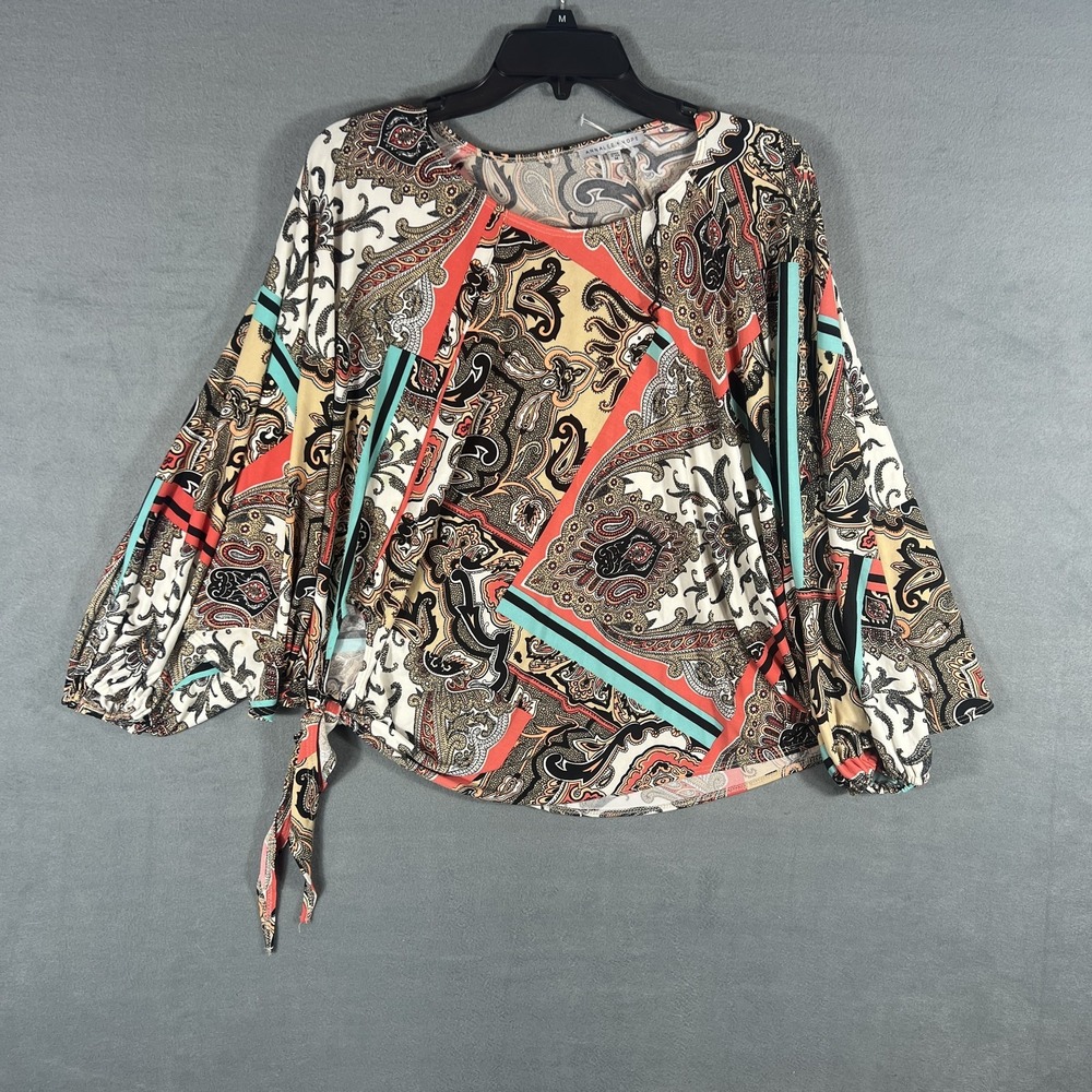 ANNALEE + HOPE Women's M Paisley Print Scoop Neck Balloon Sleeve Side Tie Top
